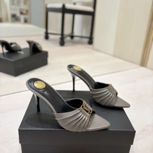 Ruched Pointed Toe High Heel Mules with Gold Metal Buckle image 1