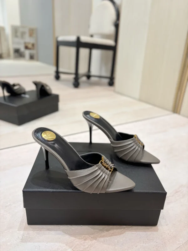 Ruched Pointed Toe High Heel Mules with Gold Metal Buckle image 1