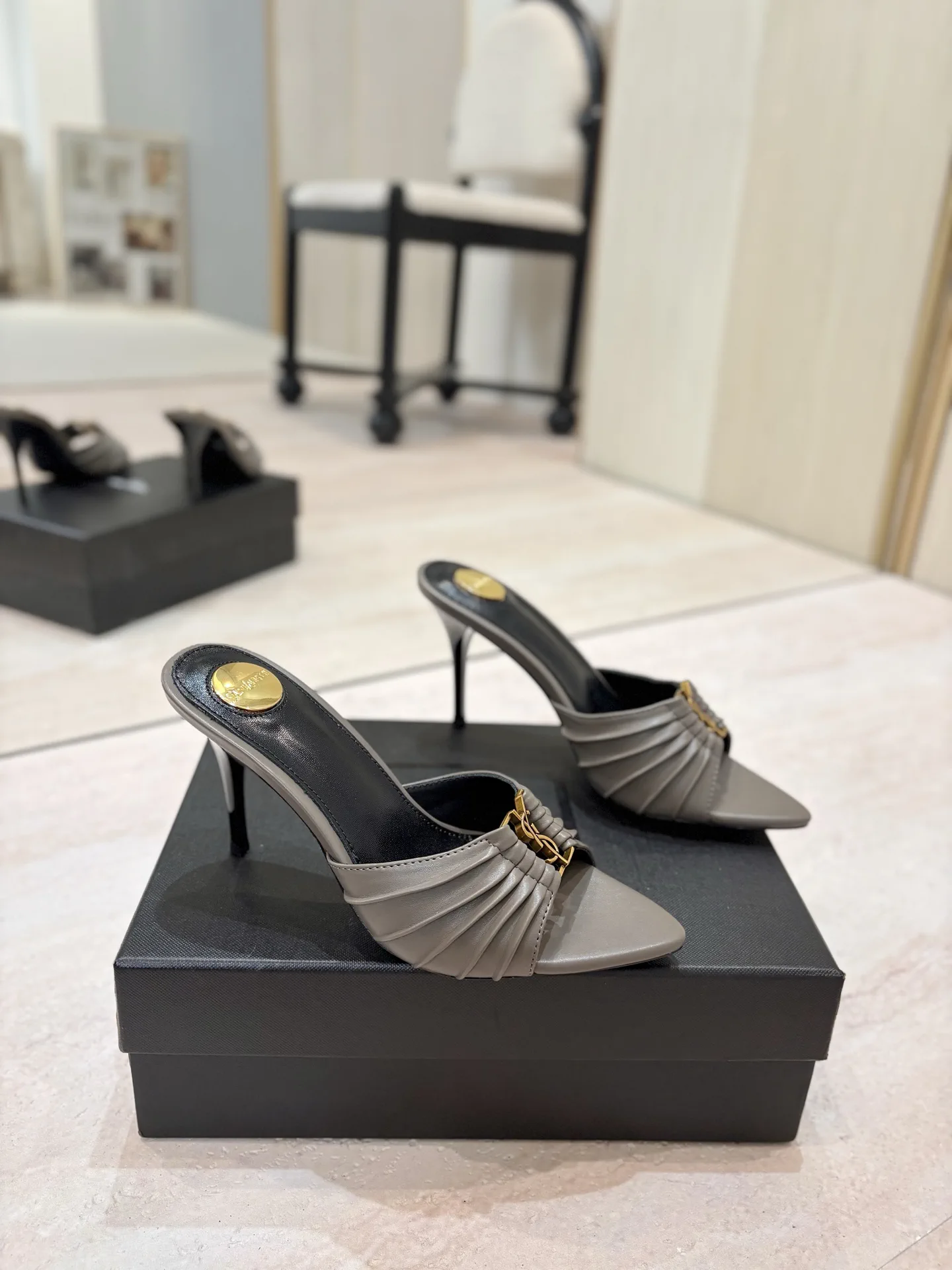 Ruched Pointed Toe High Heel Mules with Gold Metal Buckle image 1