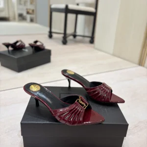 Ruched Pointed Toe Mid-Heel Mules with Gold Metal Buckle image 1
