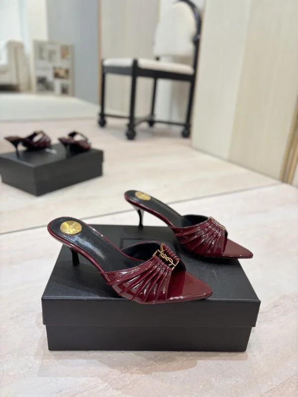 Ruched Pointed Toe Mid-Heel Mules with Gold Metal Buckle image 1