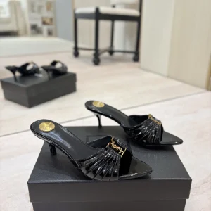Ruched Pointed Toe Mid-Heel Mules with Gold Metal Buckle image 1