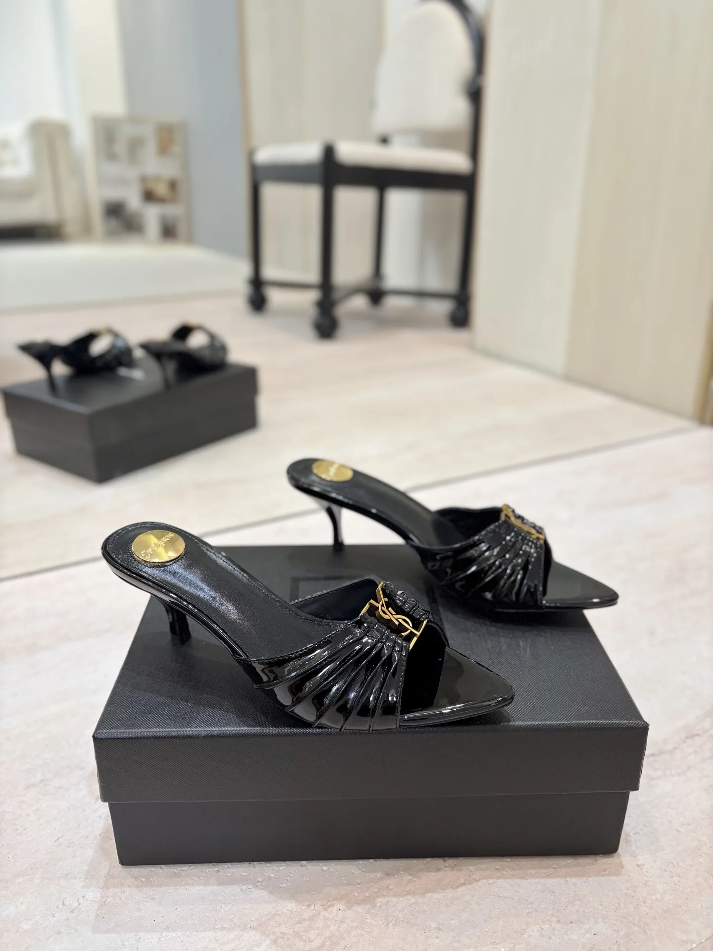 Ruched Pointed Toe Mid-Heel Mules with Gold Metal Buckle image 1