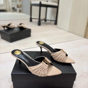 Ruched Pointed Toe Mid Heel Mules with Gold Metal Buckle image 1