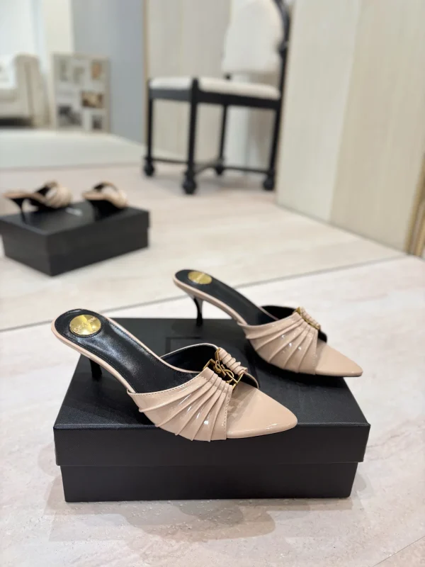 Ruched Pointed Toe Mid Heel Mules with Gold Metal Buckle image 1