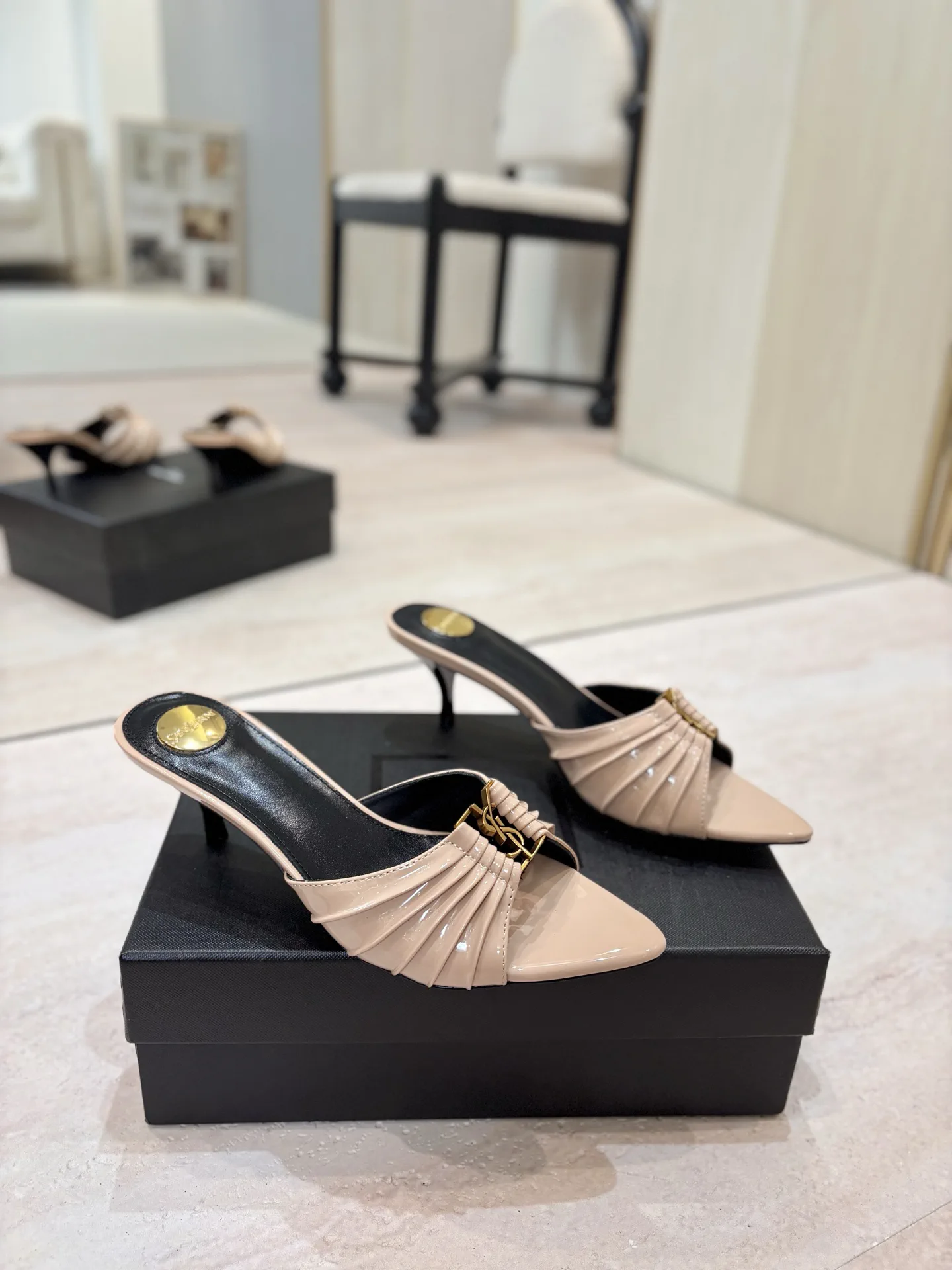 Ruched Pointed Toe Mid Heel Mules with Gold Metal Buckle image 1