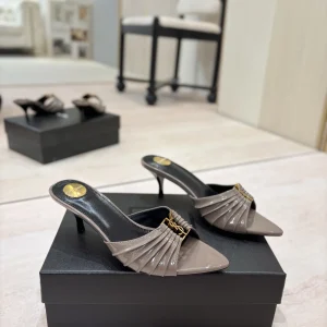 Ruched Pointed Toe Mid-Heel Mules with Gold Metal Buckle image 1