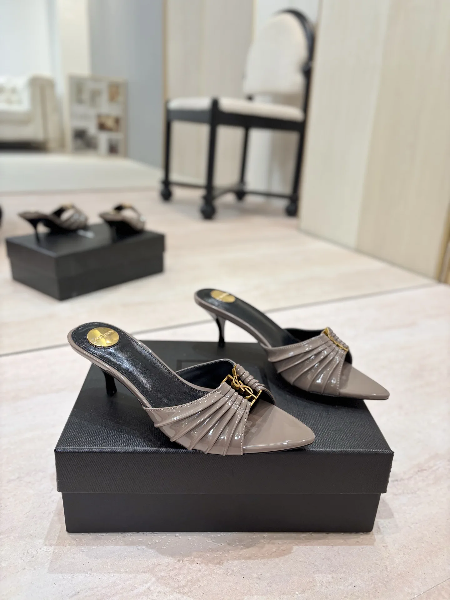Ruched Pointed Toe Mid-Heel Mules with Gold Metal Buckle image 1