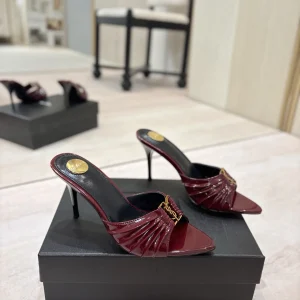 Ruched Pointed Toe High Heel Mules with Gold Metal Buckle image 1