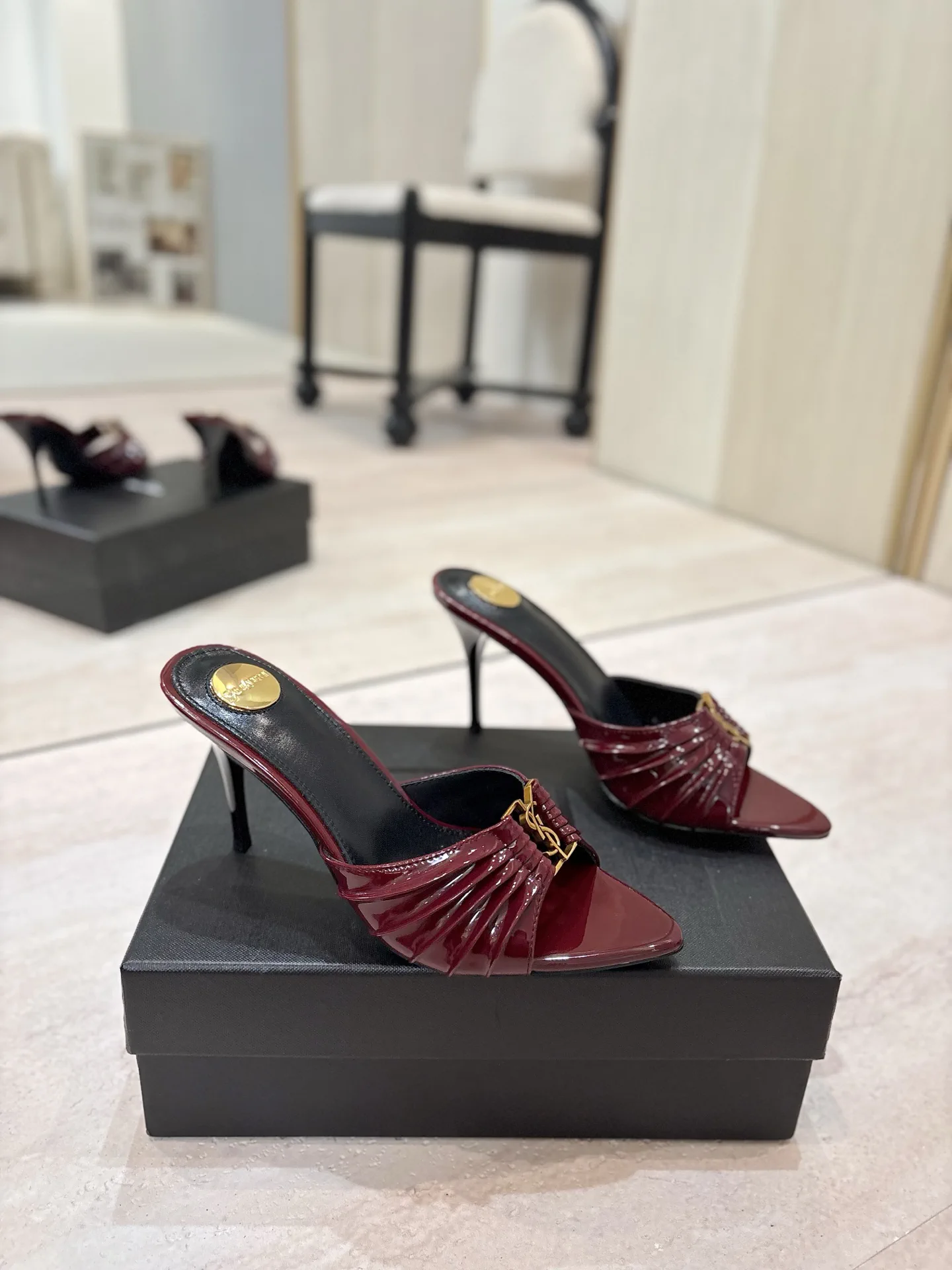 Ruched Pointed Toe High Heel Mules with Gold Metal Buckle image 1