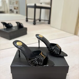 Ruched Pointed Toe High Heel Mules with Gold Metal Buckle image 1