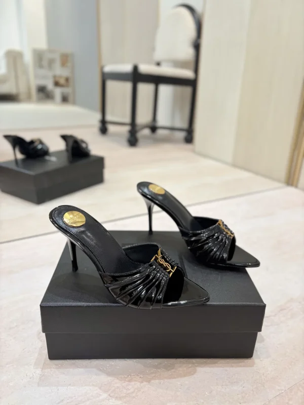 Ruched Pointed Toe High Heel Mules with Gold Metal Buckle image 1