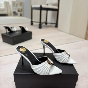 Ruched Pointed Toe High Heel Mules with Gold Metal Buckle image 1