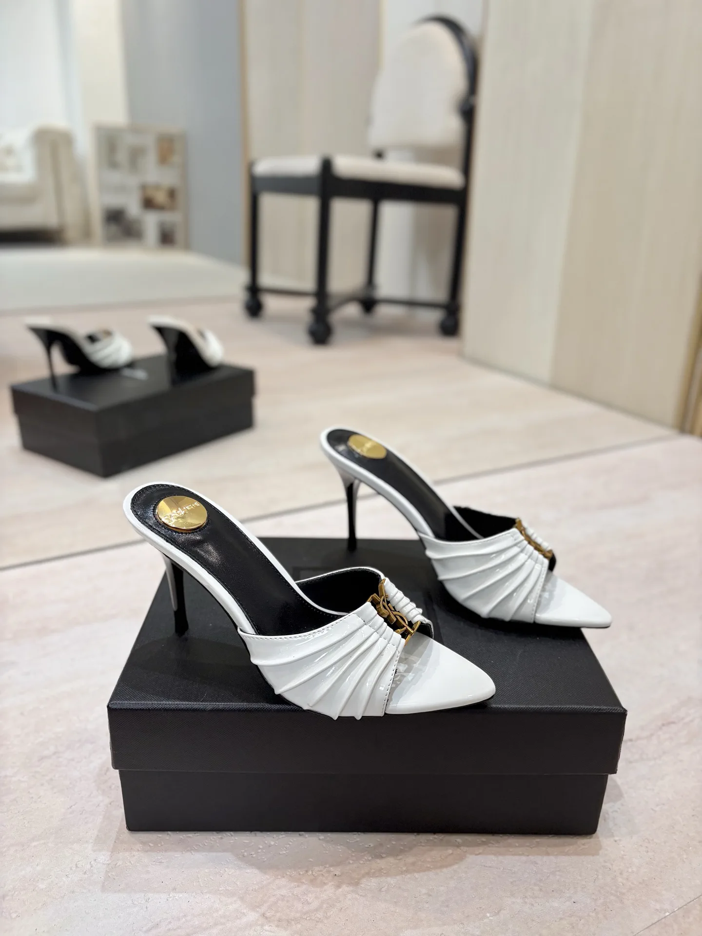 Ruched Pointed Toe High Heel Mules with Gold Metal Buckle image 1