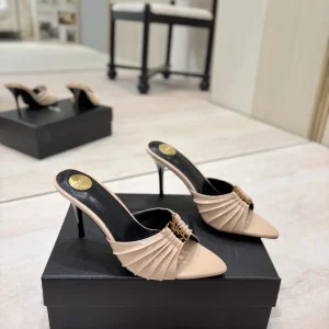 Ruched Pointed Toe Stiletto Mules with Gold Metal Buckle image 1