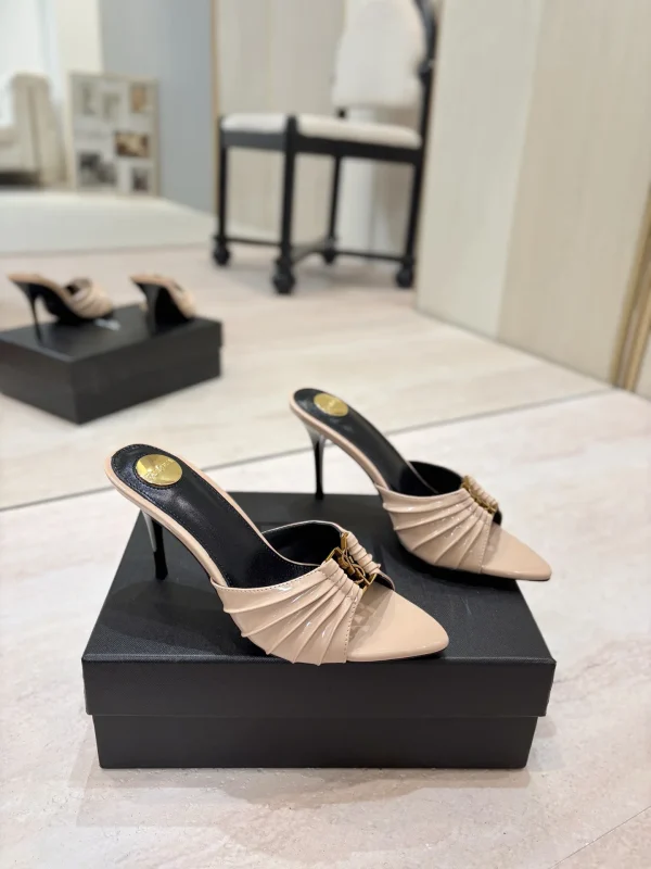 Ruched Pointed Toe Stiletto Mules with Gold Metal Buckle image 1