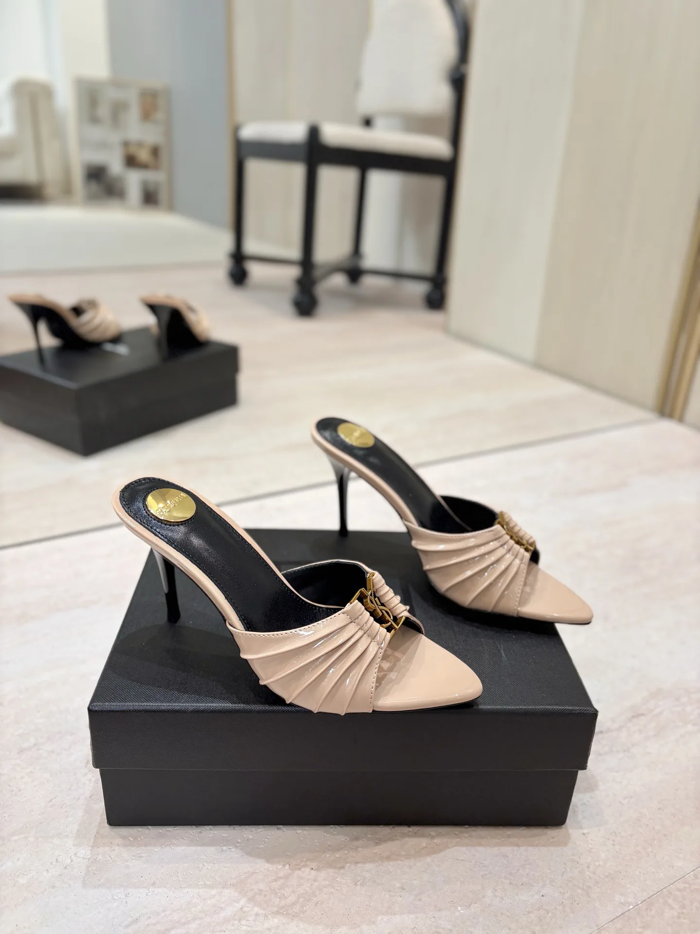 Ruched Pointed Toe Stiletto Mules with Gold Metal Buckle image 1