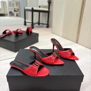 Ruched Leather Mule Sandals with Gold Metal Buckle image 1