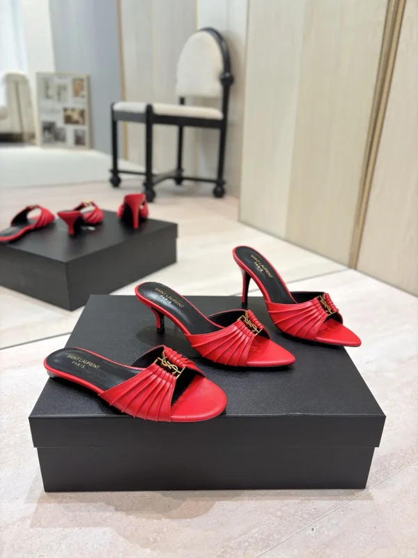 Ruched Leather Mule Sandals with Gold Metal Buckle image 1