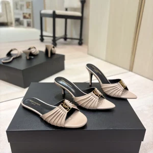 Ruched Pointed Toe Mule Heels with Gold Metal Buckle image 1