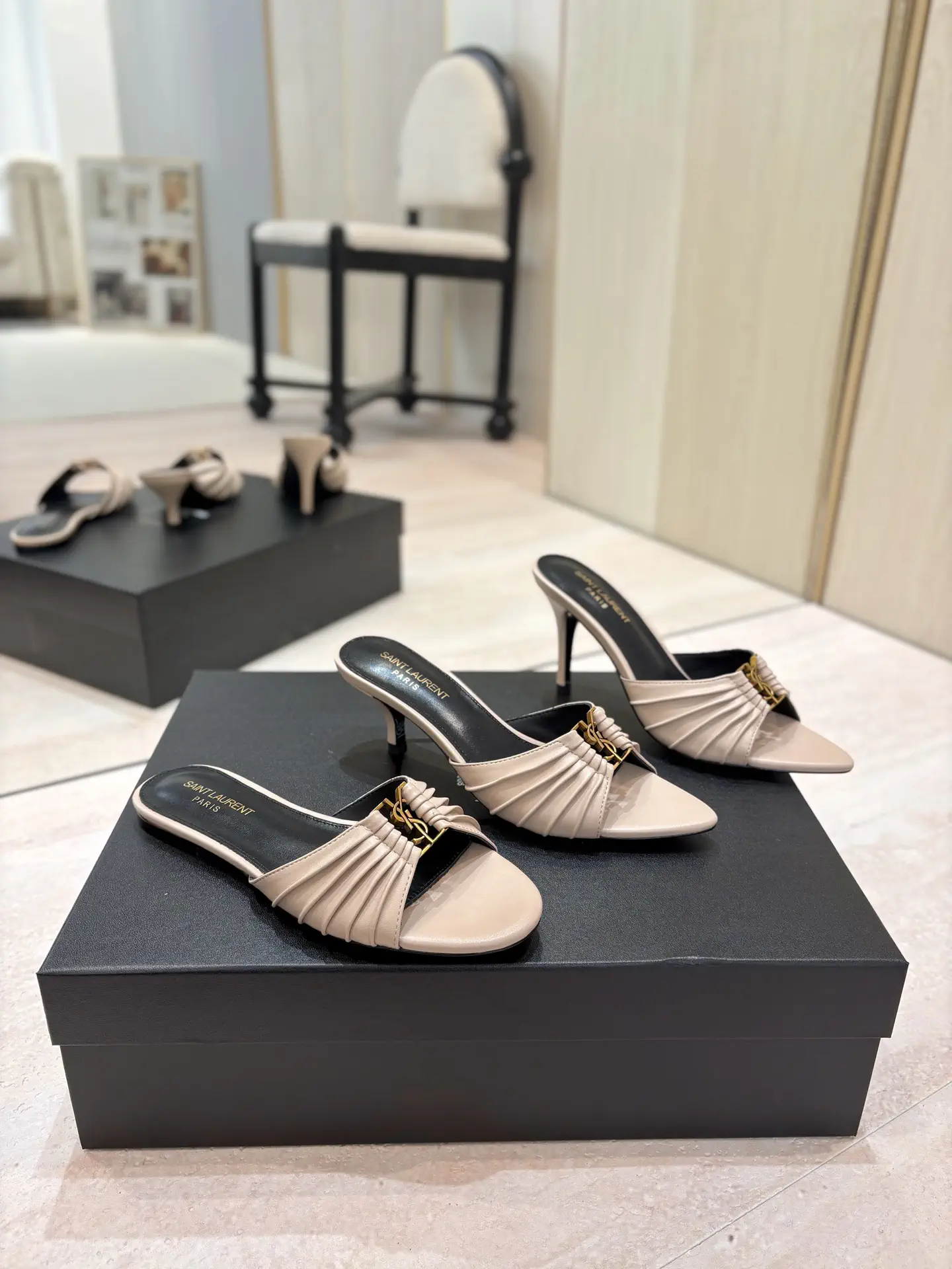 Ruched Pointed Toe Mule Heels with Gold Metal Buckle image 1