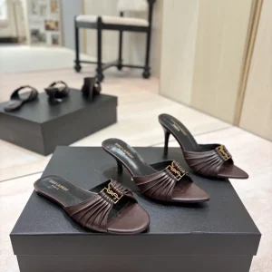 Ruched Leather Mules with Gold Metal Buckle image 1