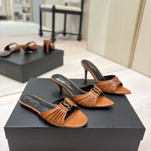 Ruched Leather Mules with Gold Metal Buckle image 1