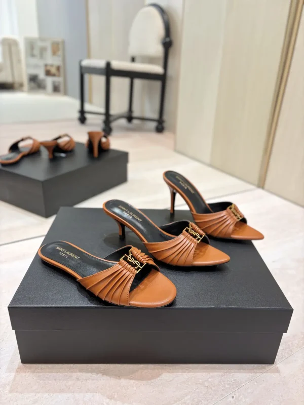 Ruched Leather Mules with Gold Metal Buckle image 1