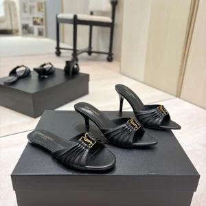 Saint Laurent Ruched Leather Mules with Gold Metal Buckle image 1
