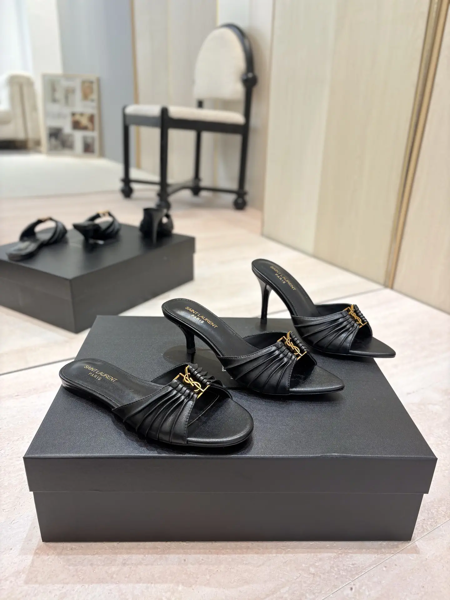 Saint Laurent Ruched Leather Mules with Gold Metal Buckle image 1