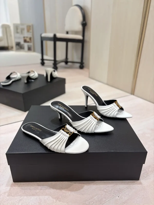 Ruched Pointed Toe Mule Sandals with Gold Metal Buckle image 1
