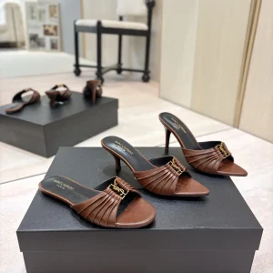 Yves Saint Laurent Ruched Pointed Toe Mule Sandals with Gold Buckle image 1
