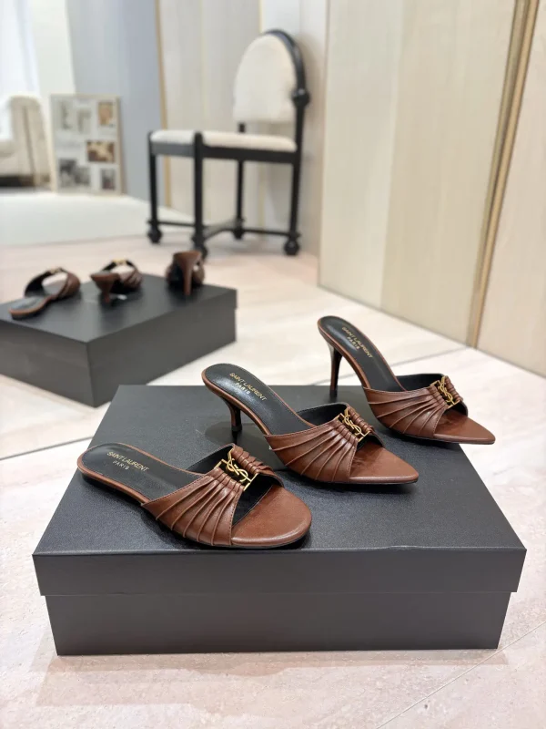 Yves Saint Laurent Ruched Pointed Toe Mule Sandals with Gold Buckle image 1