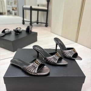 Yves Saint Laurent Ruched Pointed Toe Mules with Gold Metal Buckle image 1