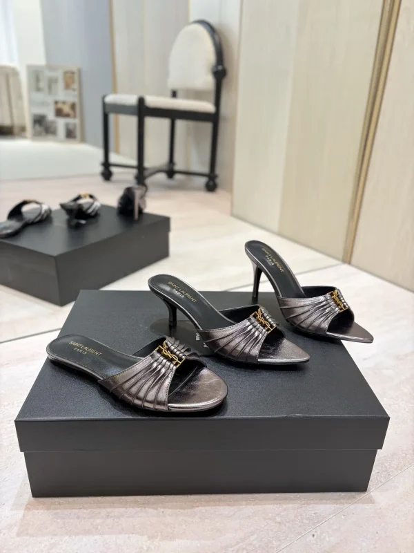 Yves Saint Laurent Ruched Pointed Toe Mules with Gold Metal Buckle image 1