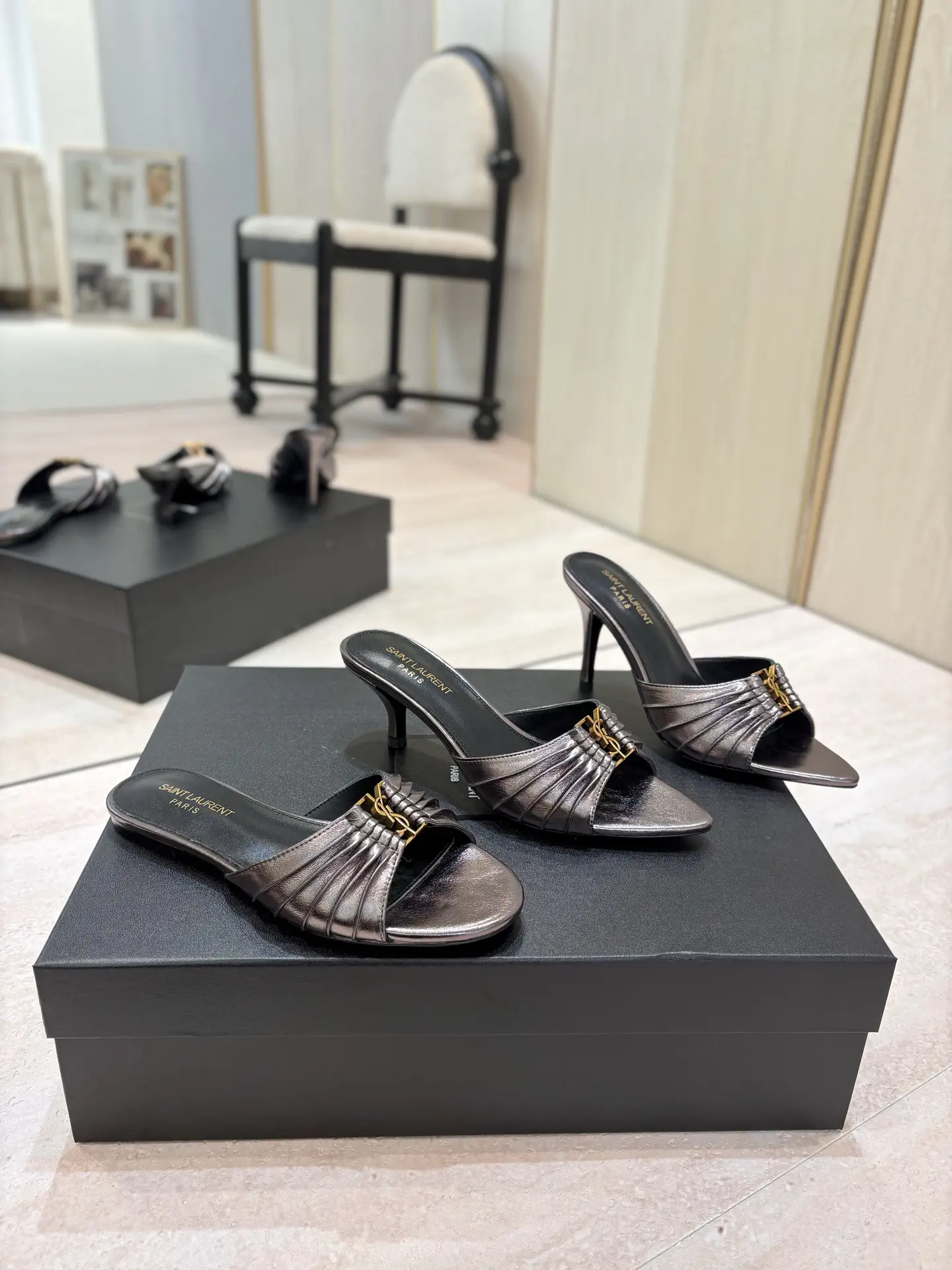 Yves Saint Laurent Ruched Pointed Toe Mules with Gold Metal Buckle image 1