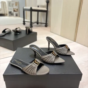 Yves Saint Laurent Ruched Pointed Toe Mule Sandals with Gold Buckle image 1