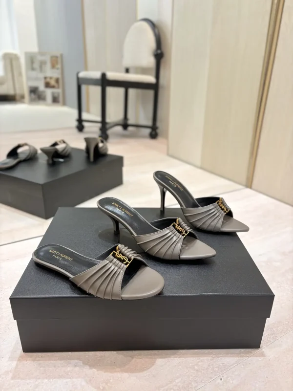 Yves Saint Laurent Ruched Pointed Toe Mule Sandals with Gold Buckle image 1