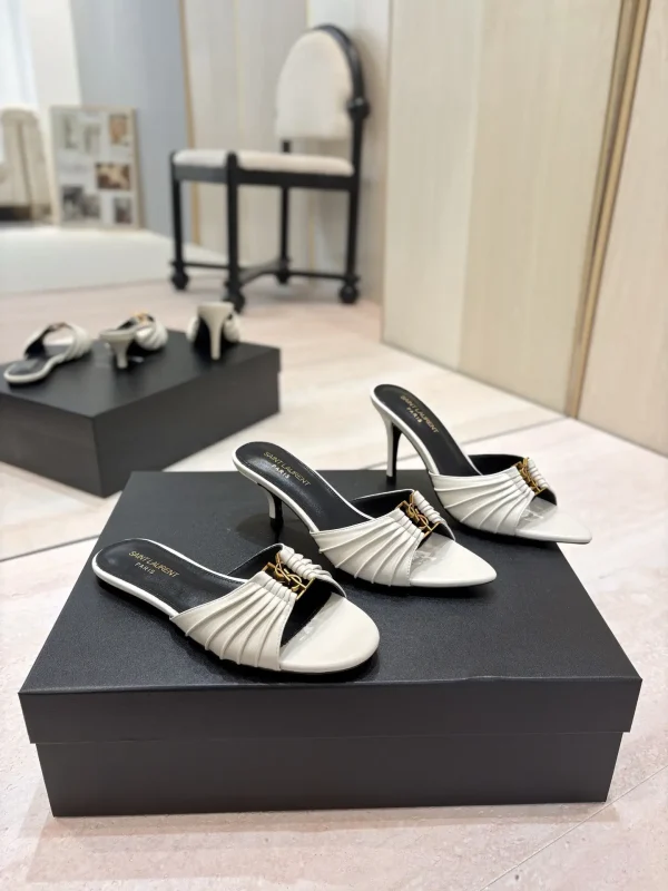 Ruched Pointed Toe Mid-Heel Slide Sandals with Gold Metal Buckle image 1