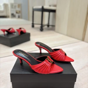 Ruched Pointed Toe Kitten Heel Mules with Gold Metal Buckle image 1