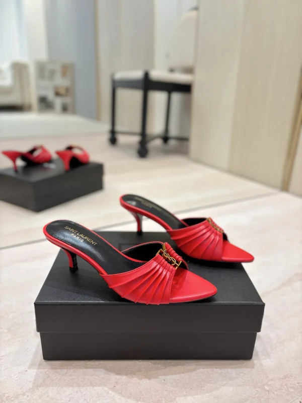 Ruched Pointed Toe Kitten Heel Mules with Gold Metal Buckle image 1