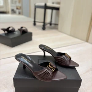 Ruched Pointed Toe Mid Heel Mules with Gold Metal Buckle image 1