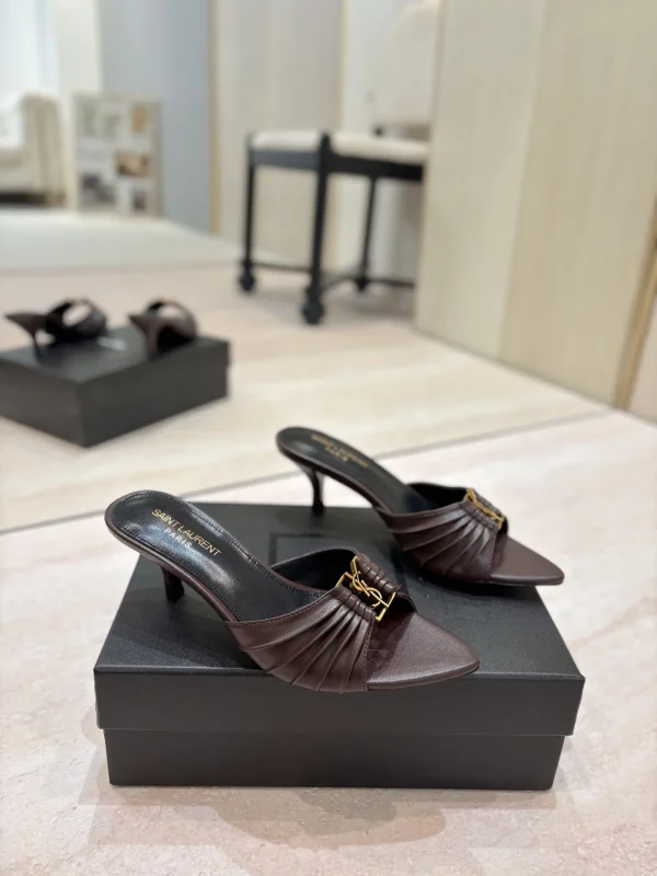 Ruched Pointed Toe Mid Heel Mules with Gold Metal Buckle image 1