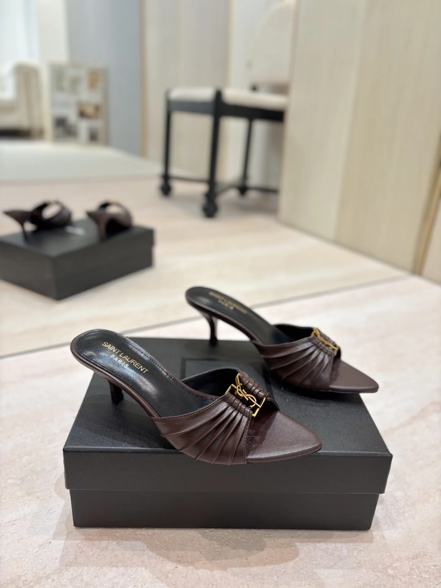 Ruched Pointed Toe Mid Heel Mules with Gold Metal Buckle image 1