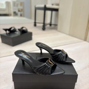 Ruched Pointed Toe Kitten Heel Mules with Gold Metal Buckle image 1