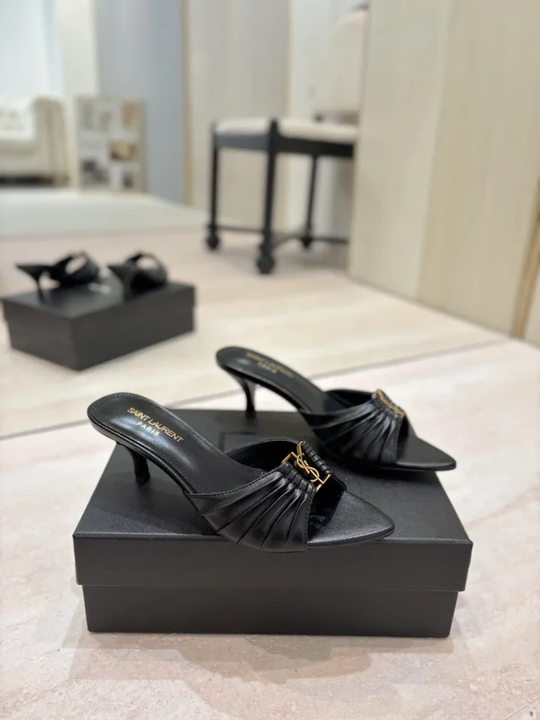 Ruched Pointed Toe Kitten Heel Mules with Gold Metal Buckle image 1