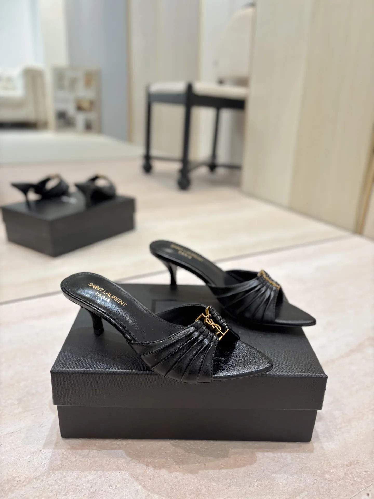 Ruched Pointed Toe Kitten Heel Mules with Gold Metal Buckle image 1