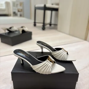 Ruched Pointed Toe Mid-Heel Mules with Gold Metal Buckle image 1