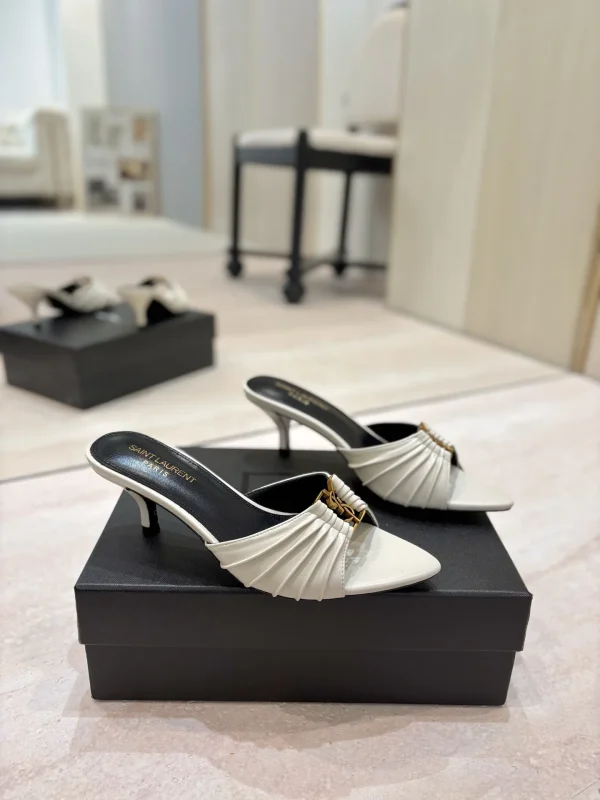 Ruched Pointed Toe Mid-Heel Mules with Gold Metal Buckle image 1