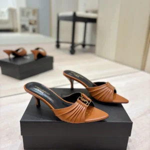 Ruched Pointed Toe Kitten Heel Mules with Gold Metal Buckle image 1